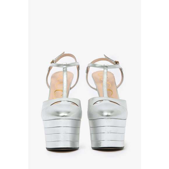 Gucci Silver Metallic Leather Platform T-Strap Heels Size 37.5 - Picture 3 of 3